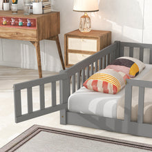 Load image into Gallery viewer, iRerts Full Floor Bed Frame for Kids Toddlers, Wood Low Floor Full Size Bed Frame with Fence Guardrail and Door, kids Full Bed for Boys Girls, No Box Spring Needed, Gray