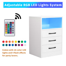 Load image into Gallery viewer, iRerts Side Table with Wireless Charging Station, Wood Nightstand with Drawers and LED Lights, Bedside Table with Plug Outlets, 2 USB Ports, Modern End Side Table for Bedroom Living Room Office, White