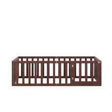 Load image into Gallery viewer, iRerts Twin Floor Bed Frame for Kids Toddlers, Wood Montessori Low Floor Twin Size Bed Frame with Fence Guardrail and Door, kids Twin Bed for Boys Girls, Spring Needed, Walnut