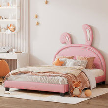 Load image into Gallery viewer, iRerts Full Size Upholstered Platform Bed, Cute Full Bed Frame for Kids Teens Bedroom, Full Platform Bed Frame with Rabbit Ears Headboard, Kids Full Bed Frame No Box Spring Needed, Pink