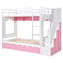 Load image into Gallery viewer, iRerts Wood Bunk Bed Twin over Twin , Modern Twin Over Twin Bunk Bed with Trundle, Storage Cabinet, Stairs and Ladders, Twin Bunk Beds for Kids Teens Adults Bedroom, White/Pink