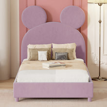 Load image into Gallery viewer, iRerts Twin Bed Frame, Modern Velvet Upholstered Platform Bed Frame with Bear Ear Shaped Headboard, Wooden Slat, Twin Size Low Platform Bed for Kids Boys Girls Bedroom, No Box Spring Needed, Pink