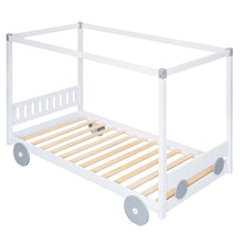 Load image into Gallery viewer, iRerts Wood Twin Size Canopy Bed, Car-Shaped Twin Platform Bed Frame for Kids Toddlers Boys Girls, Cute Kids Twin Bed Frame with Slats Support for Kids Bedroom, No Box Spring Needed, White