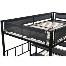 Load image into Gallery viewer, iRerts Triple Bunk Beds for Kids Adults, Metal Full over Twin over Twin Bunk Bed with Built-in Shelf, Triple Bunk Bed Frame with Headboard and Safety Guardrail, 3 in 1 Bunk Bed for Bedroom, Black