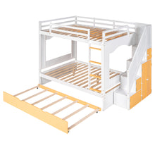 Load image into Gallery viewer, iRerts Full Over Full Bunk Bed with Trundle, Solid Wood Bunk Beds Full over Full with Storage Cabinet, Stairs and Ladders, Full Bunk Beds for Kids Teens Bedroom, White/Yellow