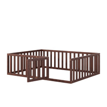 Load image into Gallery viewer, iRerts Full Floor Bed Frame for Kids Toddlers, Wood Montessori Low Floor Full Size Bed Frame with Fence Guardrail and Door, kids Full Bed for Boys Girls, Spring Needed, Walnut