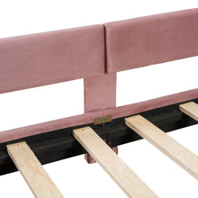 Load image into Gallery viewer, iRerts Upholstered Twin Platform Bed Frame, Velvet Twin Daybed Frame with Classic Stripe Shaped Headboard and Footboard, Wood Twin Size Sofa Bed for Kids Girls Boys, No Box Spring Needed, Pink