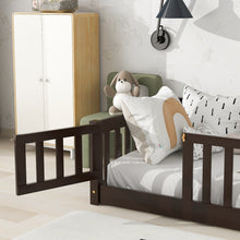 Load image into Gallery viewer, iRerts Twin Floor Bed Frame for Kids Toddlers, Wood Low Floor Twin Size Bed Frame with Fence Guardrail and Door, kids Twin Bed for Boys Girls, No Box Spring Needed, Espresso