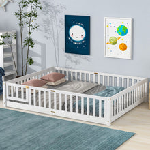 Load image into Gallery viewer, iRerts Queen Floor Bed Frame for Kids Toddlers, Wood Low Floor Queen Size Bed Frame with Fence Guardrail and Door, kids Queen Bed for Boys Girls, No Box Spring Needed, White
