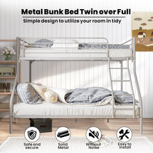 Load image into Gallery viewer, iRerts Metal Bunk Beds Twin over Full, Heavy Duty Bunk Beds Twin over Full for Kids Adults, Twin over Full Bunk Bed with Safety Guardrail, No Box Spring Needed, Noise Free, Silver