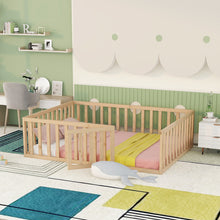 Load image into Gallery viewer, iRerts Full Floor Bed Frame for Kids Toddlers, Wood Montessori Low Floor Full Size Bed Frame with Fence Guardrail and Door, kids Full Bed for Boys Girls, Spring Needed, Natural