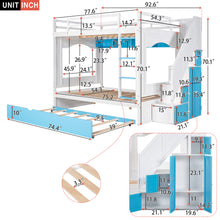 Load image into Gallery viewer, iRerts Full Over Full Bunk Bed with Trundle, Solid Wood Bunk Beds Full over Full with Storage Cabinet, Stairs and Ladders, Full Bunk Beds for Kids Teens Bedroom, White/Blue