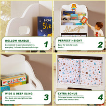 Load image into Gallery viewer, iRerts Kids Bookshelf, Wood 4 Tier Kids Toddler Bookcase with 3 Shelves Book Organizer, 2 Moveable Storage Boxes, Kids Book Shelf Organizer Book Rack Sling Book Display Stand for Kids Bedroom, White