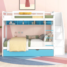 Load image into Gallery viewer, iRerts Wood Bunk Bed Full over Full, Modern Full Over Full Bunk Bed with Trundle, Storage Cabinet, Stairs and Ladders, Full Bunk Beds for Kids Teens Adults Bedroom, White/Blue