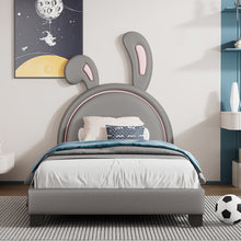 Load image into Gallery viewer, iRerts Twin Bed Frame, Cute Twin Size Upholstered Leather Platform Bed Frame with Rabbit Headboard, Twin Platform Bed Frame for Kids Teens, Platform Bed Twin for Bedroom, No Box Spring Needed, Gray