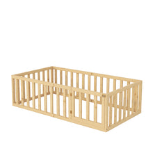 Load image into Gallery viewer, iRerts Twin Floor Bed Frame for Kids Toddlers, Wood Montessori Low Floor Twin Size Bed Frame with Fence Guardrail and Door, kids Twin Bed for Boys Girls, Spring Needed, Natural