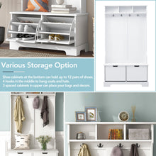 Load image into Gallery viewer, Hall Trees for Entryway, iRerts Modern Hall Tree with Shoe Storage Bench, Wood 3-in-1 Entryway Coat Rack with 4 Hooks and 2 Flip Shoe Drawers, Wood Hall Tree for Entrance Entryway Hallway, White