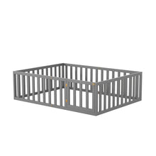 Load image into Gallery viewer, iRerts Full Floor Bed Frame for Kids Toddlers, Wood Montessori Low Floor Full Size Bed Frame with Fence Guardrail and Door, kids Full Bed for Boys Girls, Spring Needed, Gray