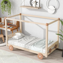 Load image into Gallery viewer, iRerts Wood Twin Size Canopy Bed, Car-Shaped Twin Platform Bed Frame for Kids Toddlers Boys Girls, Cute Kids Twin Bed Frame with Slats Support for Kids Bedroom, No Box Spring Needed, Natural