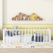 Load image into Gallery viewer, iRerts Twin Floor Bed Frame, Metal Twin Size Montessori Floor Bed Frame with Fence and Door, Kids Toddler Floor Bed Frame Twin Size for Girls Boys, Twin Bed Frame without Bed Slats, White