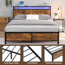 Load image into Gallery viewer, iRerts Queen Bed Frame with LED Lights and 2 USB Ports, Industrial Metal Queen Platform Bed Frame with Storage Shelf Headboard, No Box Spring Needed, Queen Size Bed Frames for Bedroom, Rustic Brown