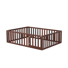 Load image into Gallery viewer, iRerts Full Floor Bed Frame for Kids Toddlers, Wood Montessori Low Floor Full Size Bed Frame with Fence Guardrail and Door, kids Full Bed for Boys Girls, Spring Needed, Walnut