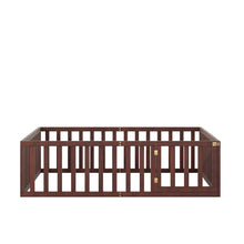 Load image into Gallery viewer, iRerts Full Floor Bed Frame for Kids Toddlers, Wood Montessori Low Floor Full Size Bed Frame with Fence Guardrail and Door, kids Full Bed for Boys Girls, Spring Needed, Walnut