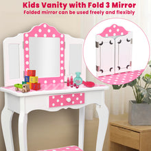 Load image into Gallery viewer, iRerts Kids Vanity with Fold 3 Mirror Girls Vanity Table Princess Makeup Dressing Table, Kids Furniture, Girls Vanity Set with Mirror
