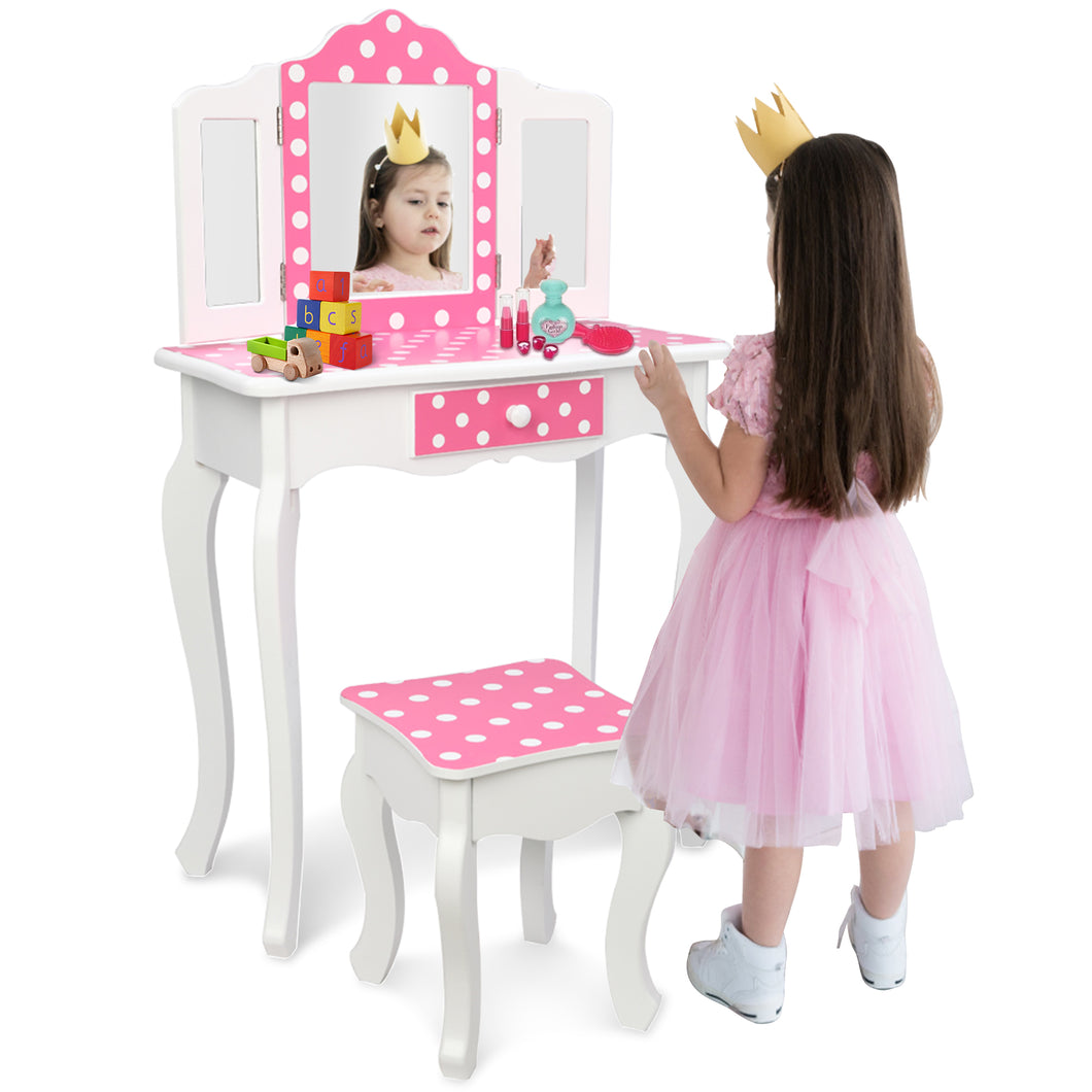 iRerts Kids Vanity with Fold 3 Mirror Wooden Girls Vanity Table Princess Makeup Dressing Table, Children's Furniture, Girls Vanity Set with Mirror
