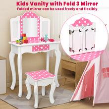 Load image into Gallery viewer, iRerts Kids Vanity with Fold 3 Mirror Wooden Girls Vanity Table Princess Makeup Dressing Table, Children&#39;s Furniture, Girls Vanity Set with Mirror
