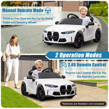 Load image into Gallery viewer, BMW M4 White 12V Ride On Cars with Remote Control, Battery Powered Ride on Toys with Music, Bluetooth, Story, USB/MP3 Port, LED Light, Kids Electric Vehicle for Boys Girls with Wheels, Easy to Carry
