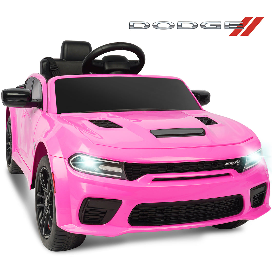 iRerts Ride on Cars, 12 V Licensed Dodge Charger Battery Powered Ride On Toys with Remote Control, MP3 Player, LED Headlights, Safety Belt, 4 Wheeler, Electric Car for Kids 3-5 Boys Girls, Pink