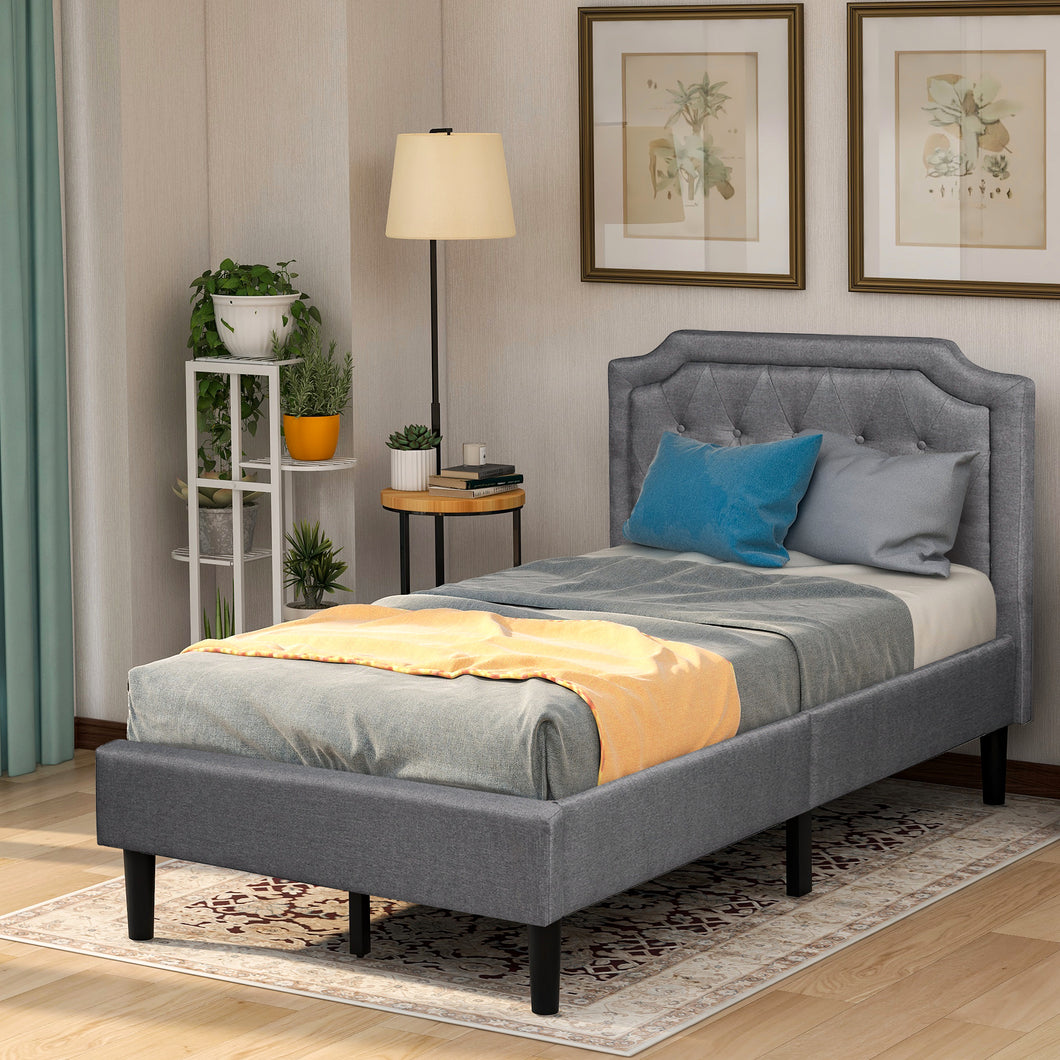 iRerts Twin Size Platform Bed Upholstered Scalloped Linen Platform Bed with Headboard, Gray