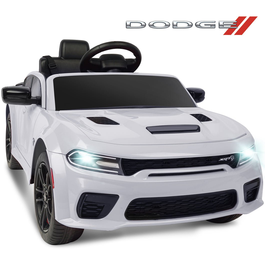 iRerts Ride on Cars, 12 V Licensed Dodge Charger Battery Powered Ride On Toys with Remote Control, MP3 Player, LED Headlights, Safety Belt, 4 Wheeler, Electric Car for Kids 3-5 Boys Girls, White