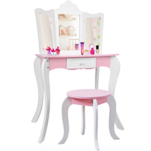 Load image into Gallery viewer, iRerts Kids Makeup Vanity Set, Wooden Kids Vanity Set with Tri-Folding Mirror and Stool, Girls Vanity Makeup Dressing Table with Drawer, Kids Bedroom Furniture Kids Vanity Table and Chair Set
