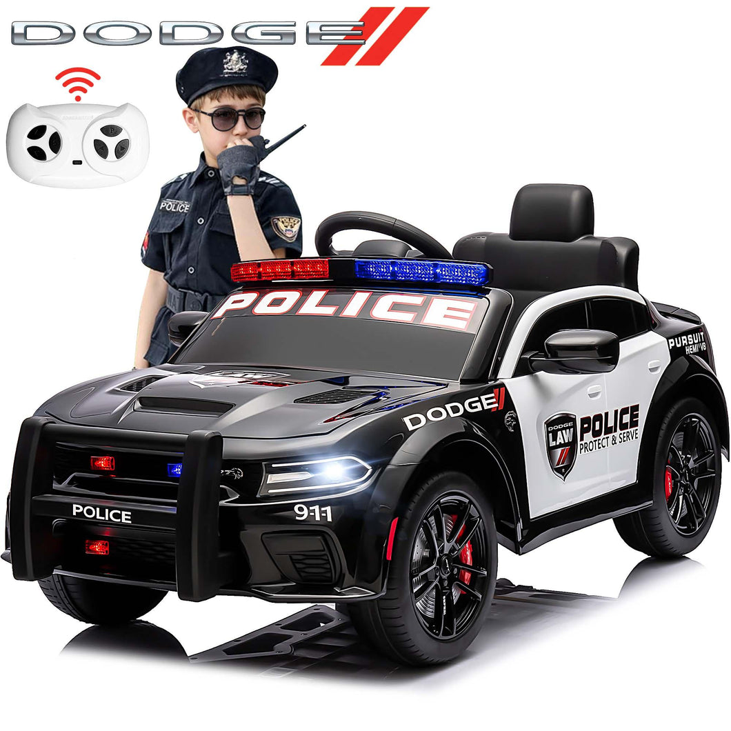 iRerts 12V Ride on Police Cars with Remote Control, Licensed Dodge Charger Kids Ride on Toys for Boys Girls Gifts, Kids Electric Car with Bluetooth, Music, USB, MP3, LED Lights, 3 Speeds, Black