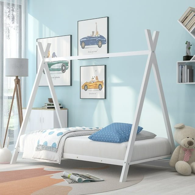 Twin Size House Bed Frame for Kids Toddlers, Twin Platform Bed with 20 Slats for Girls Boys Room, Floor Bed No Box Spring Needed, White
