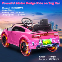 Load image into Gallery viewer, iRerts Ride on Cars, 12 V Licensed Dodge Charger Battery Powered Ride On Toys with Remote Control, MP3 Player, LED Headlights, Safety Belt, 4 Wheeler, Electric Car for Kids 3-5 Boys Girls, Pink
