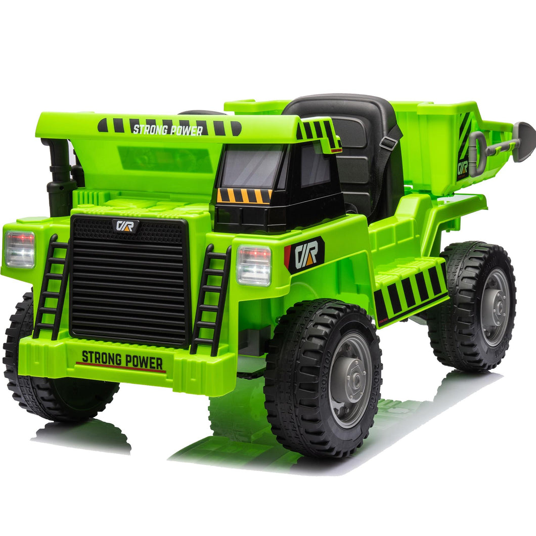 iRerts Ride on Dump Truck for Boys, 12V Ride on Car with Remote Control, 4 Wheel Construction Vehicles with Electric Dump Bed and Shovel, Powered Ride on Toys with Bluetooth, Music, USB Port, Green