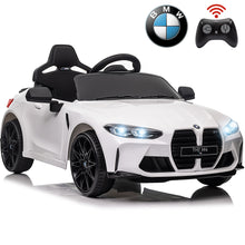 Load image into Gallery viewer, BMW M4 White 12V Ride On Cars with Remote Control, Battery Powered Ride on Toys with Music, Bluetooth, Story, USB/MP3 Port, LED Light, Kids Electric Vehicle for Boys Girls with Wheels, Easy to Carry
