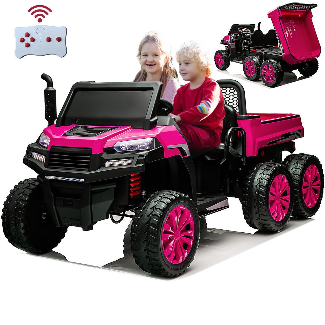 iRerts 2 Seater 24V Ride on Truck with Dump Bed, Battery Powered Ride on Cars with Remote Control for Boys Girls, 4WD 6 Wheels Ride on Tractor Toys with Bluetooth, Music, USB/TF Card Slots, Rose Red