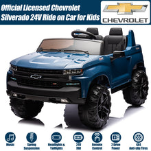 Load image into Gallery viewer, 2 Seater 24V Ride on Cars with Remote Control, Licensed Chevrolet Silverado Kids Ride on Truck for Boys Girls Birthday Christmas Gifts, Battery Powered Kids Electric Cars with LED Lights, Music, Blue

