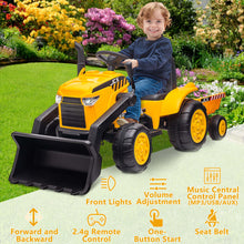 Load image into Gallery viewer, iRerts 12V Kids Ride on Car, Ride on Tractor with Remote Control, Electric Excavator Vehicle Construction Truck with Trailer, Adjustable Bucket, Toddlers Bulldozer Tractor with 3 Speeds, Music, Yellow
