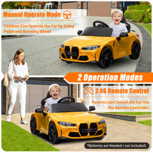 Load image into Gallery viewer, BMW M4 Yellow 12V Ride On Cars with Remote Control, Battery Powered Ride on Toys with Music, Bluetooth, Story, USB/MP3 Port, LED Light, Kids Electric Vehicle for Boys Girls with Wheels, Easy to Carry
