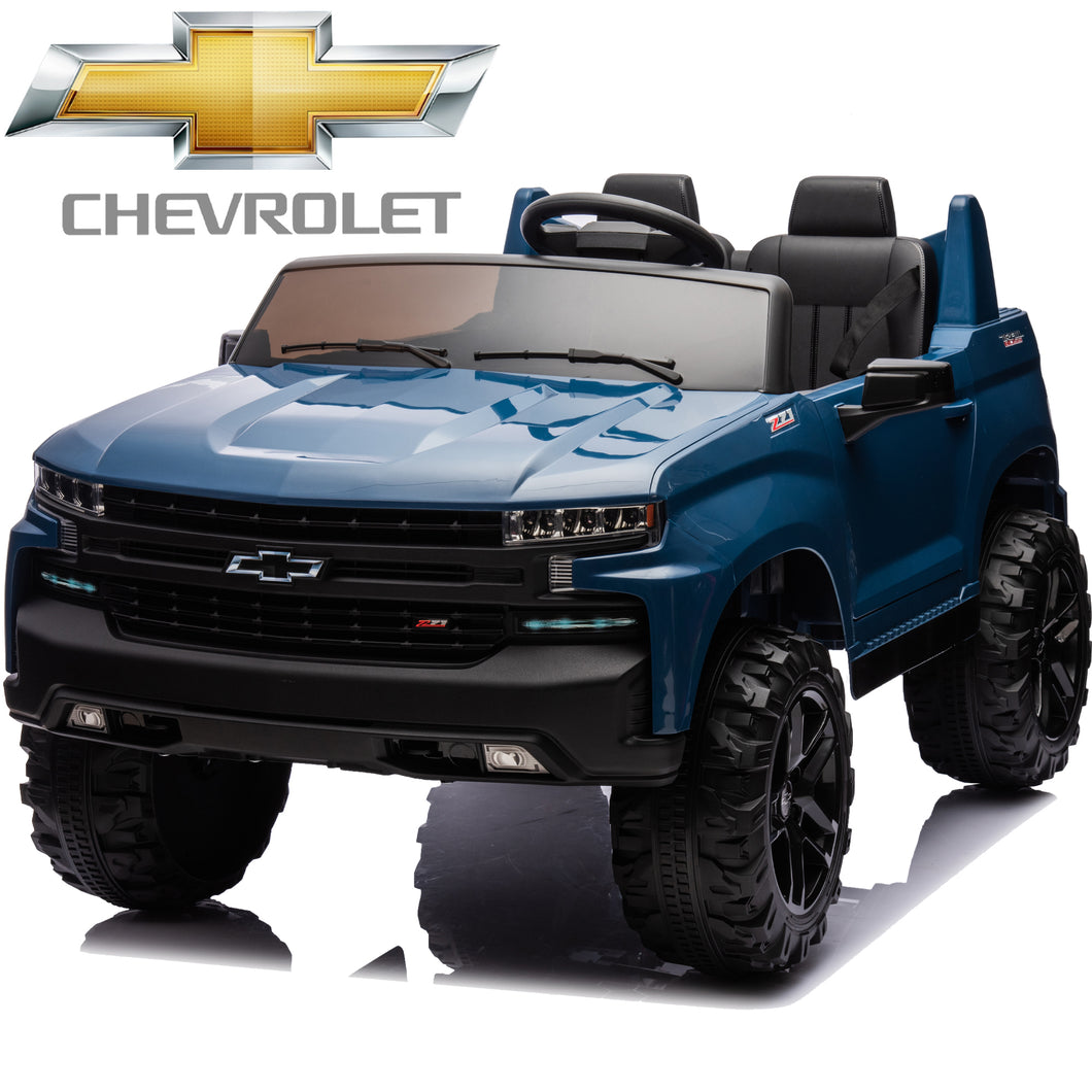 2 Seater 24V Ride on Cars with Remote Control, Licensed Chevrolet Silverado Kids Ride on Truck for Boys Girls Birthday Christmas Gifts, Battery Powered Kids Electric Cars with LED Lights, Music, Blue