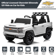 Load image into Gallery viewer, iRerts 12V Battery Powered Ride on Cars with Remote Control, Licensed Chevrolet Silverado 2 Seater Kids Electric Cars for 2-6 Ages Kids Gift, Ride On Toy with Music, MP3/USB/AUX Port, LED Light, White
