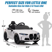 Load image into Gallery viewer, BMW M4 White 12V Ride On Cars with Remote Control, Battery Powered Ride on Toys with Music, Bluetooth, Story, USB/MP3 Port, LED Light, Kids Electric Vehicle for Boys Girls with Wheels, Easy to Carry
