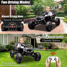 Load image into Gallery viewer, iRerts Black 24V Battery Powered Ride on UTV Cars for Boys Girls, Kids Ride on Toys with Remote Control, Music, LED Light, USB, Bluetooth, Large Seat Kids Electric Vehicle for Christmas Birthday Gifts
