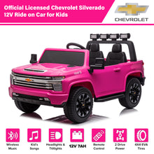 Load image into Gallery viewer, iRerts 12V Battery Powered Ride on Cars with Remote Control, Licensed Chevrolet Silverado 2 Seater Kids Electric Cars for 2-6 Ages Kids Gift, Ride On Toy with Music, MP3/USB/AUX Port, LED Light, Pink
