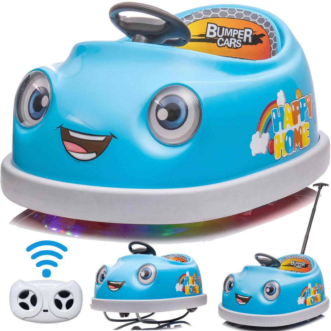 iRerts Kids Bumper Car with Remote Control, 12V Bumper Car for Toddlers Ages 1-6 Years with Rocking Horse Mode, Push Rod, Dinner Plate, USB Bluetooth Music, Ride on Toys Car for Boys Girls Gifts, Blue